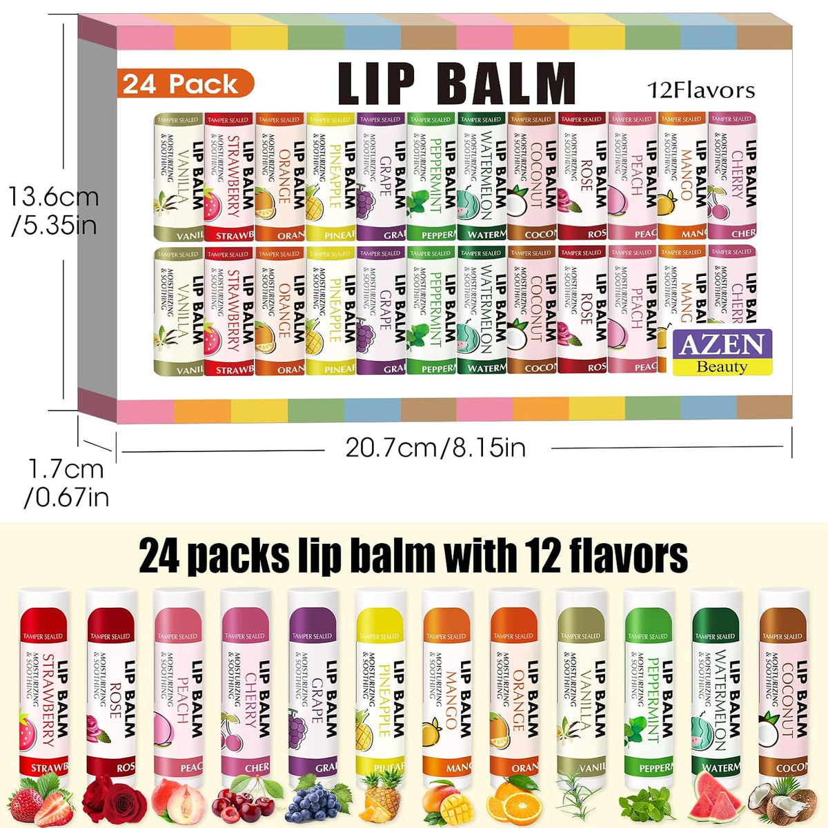 AZEN Paquete de 24 bálsamos labiales, bálsamo labial natural a gran...
