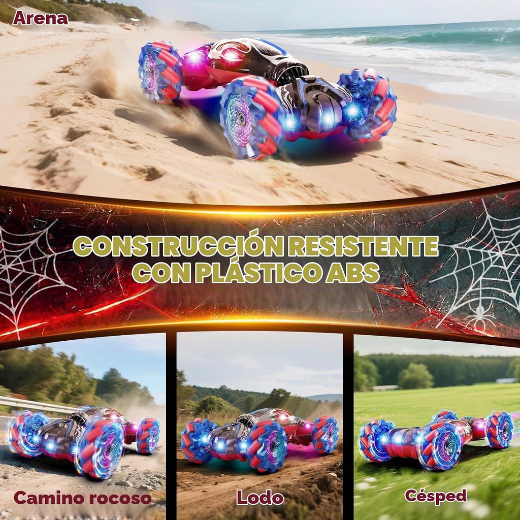 S-Pider - Auto de control remoto, 2.4 GHz 4WD con detección de gestos Rc Stunt Car para niños y niñas de 6 a 12 años, autos RC Drift con luces y aerosol, juguetes de doble cara, regalo ideal de cumpleaños y Navidad para niños