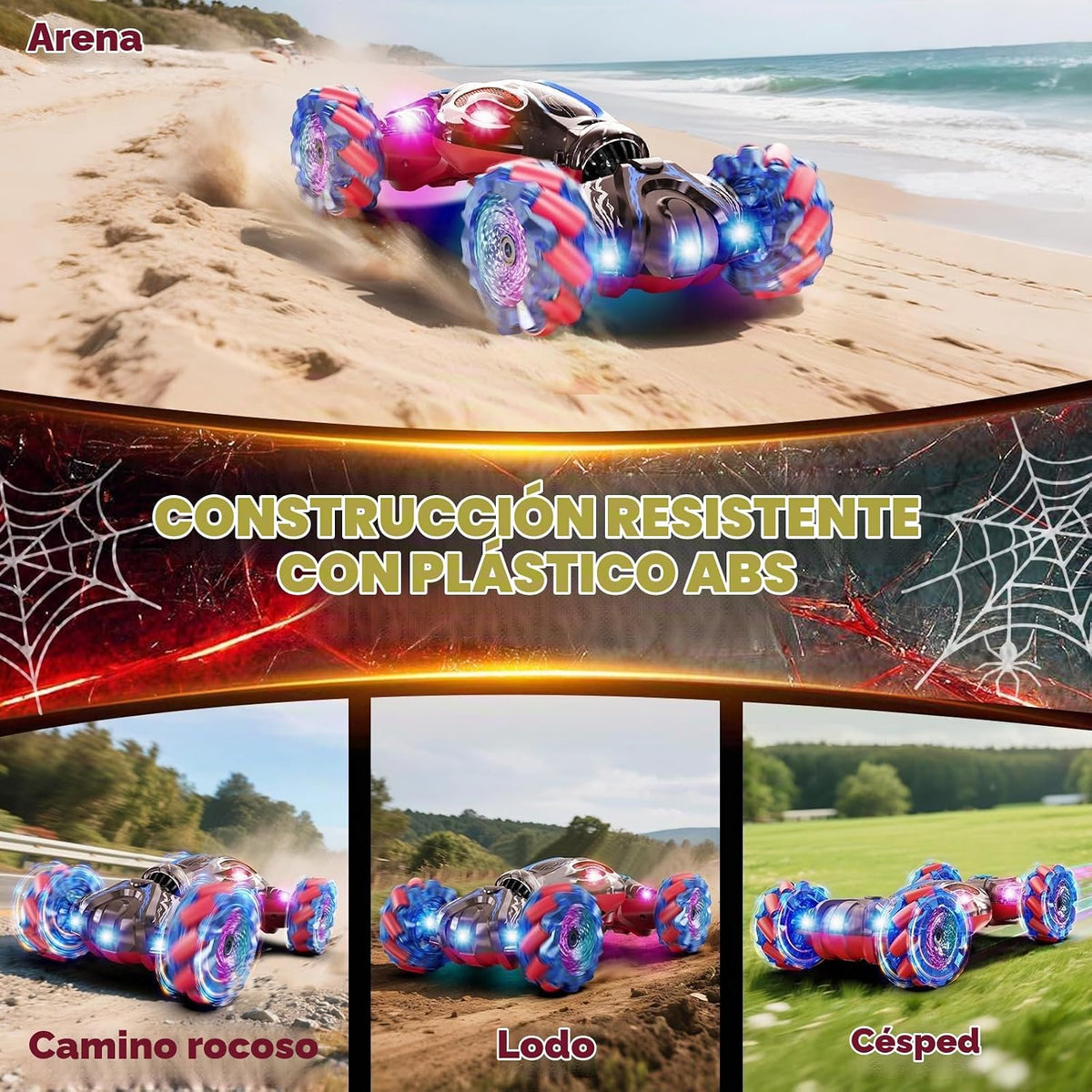 S-Pider - Auto de control remoto, 2.4 GHz 4WD con detección de gestos Rc Stunt Car para niños y niñas de 6 a 12 años, autos RC Drift con luces y aerosol, juguetes de doble cara, regalo ideal de cumpleaños y Navidad para niños