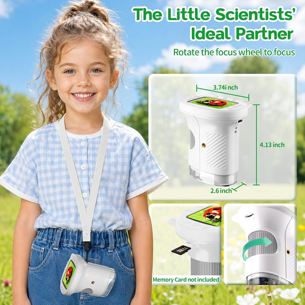 Microscopio de bolsillo de pantalla de 2.4 "para niños: Microscopio de mano 1000X para foto y video - Kits de ciencia portátiles Juguetes STEM - Regalos de Navidad/cumpleaños para niñas y niños de 3 a