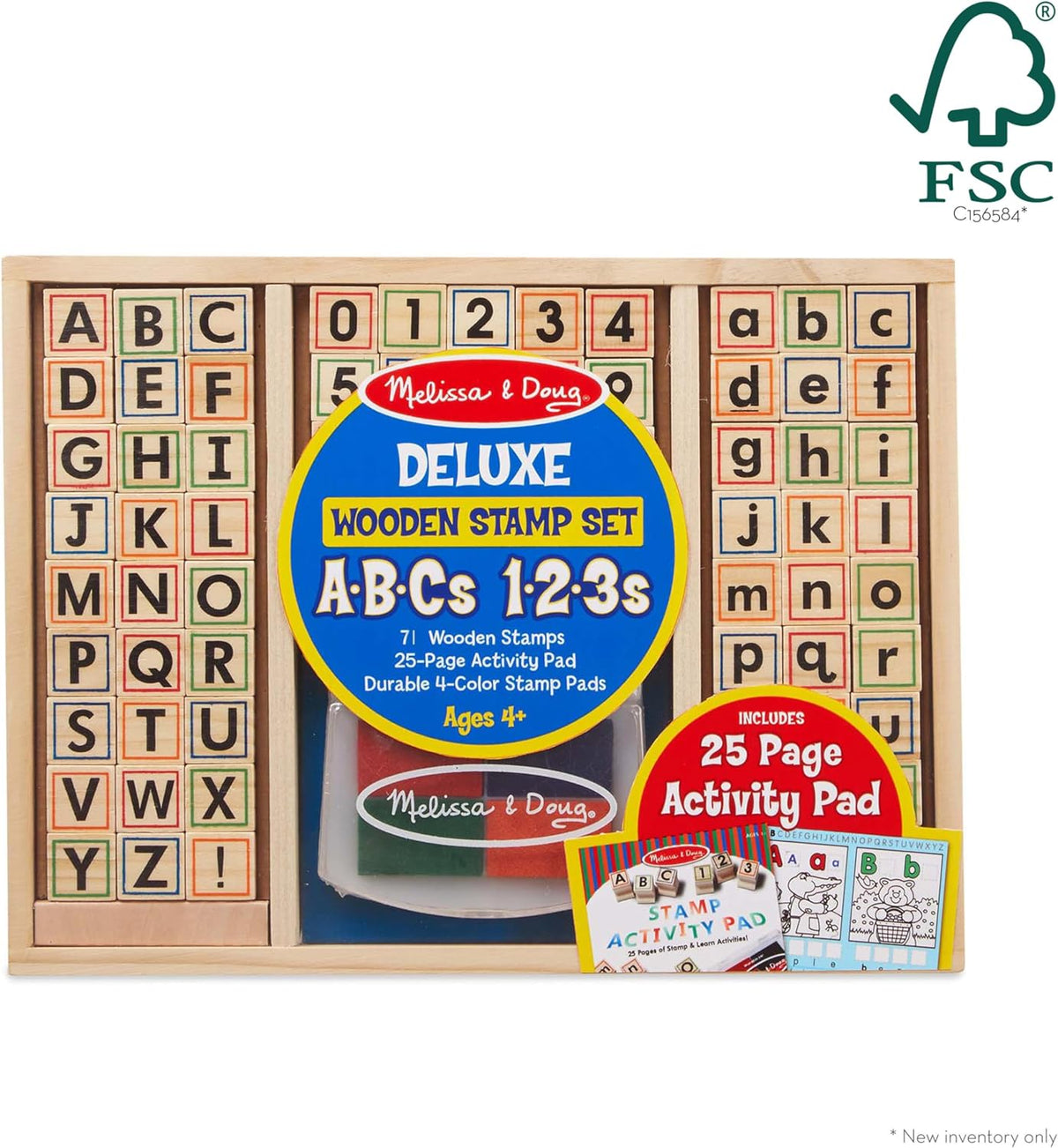 Melissa & Doug - Juego de sellos de madera con letras y números ABC 123 con libro de actividades (idioma español no garantizado), 4 colores