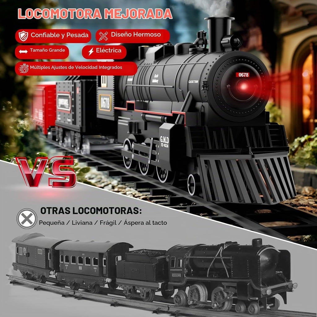 Juego de tren eléctrico con humo, luces y sonido, juego de tren para debajo del árbol de Navidad con locomotoras de vapor, autos y pistas, juguetes de tren de Navidad para niños de 3, 4, 5, 6, 7 años