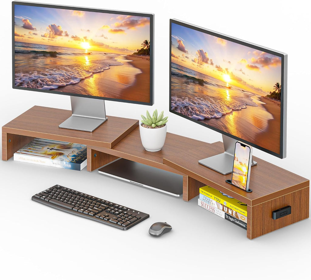 BONTEC Soporte Dual para Monitor Regulable en Longitud y Ángulo de Giro, Nogal