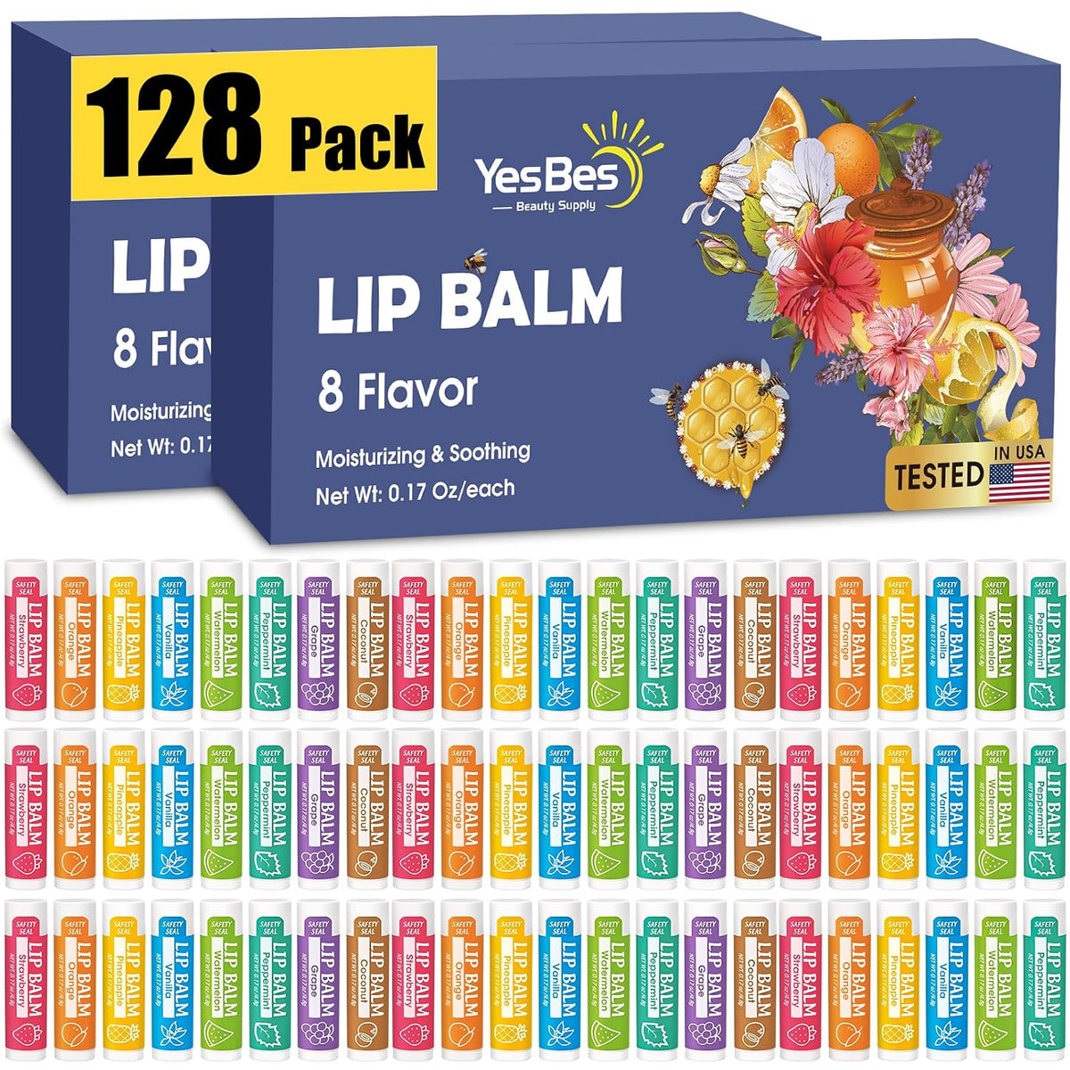 YesBes Paquete de 128 bálsamos labiales, bálsamo labial natural a g...