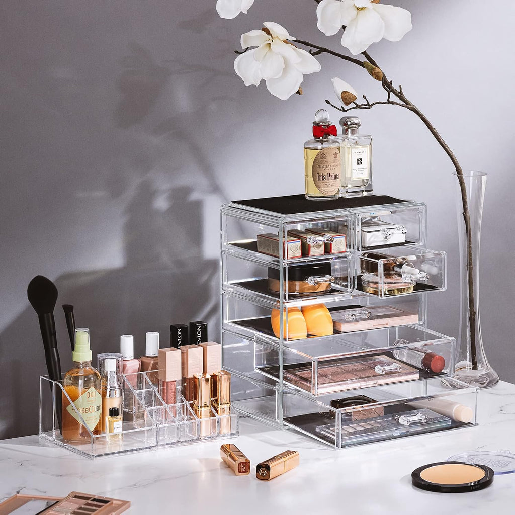 Sorbus Organizador de maquillaje, juego de 2 piezas acrílicas de 7 cajones