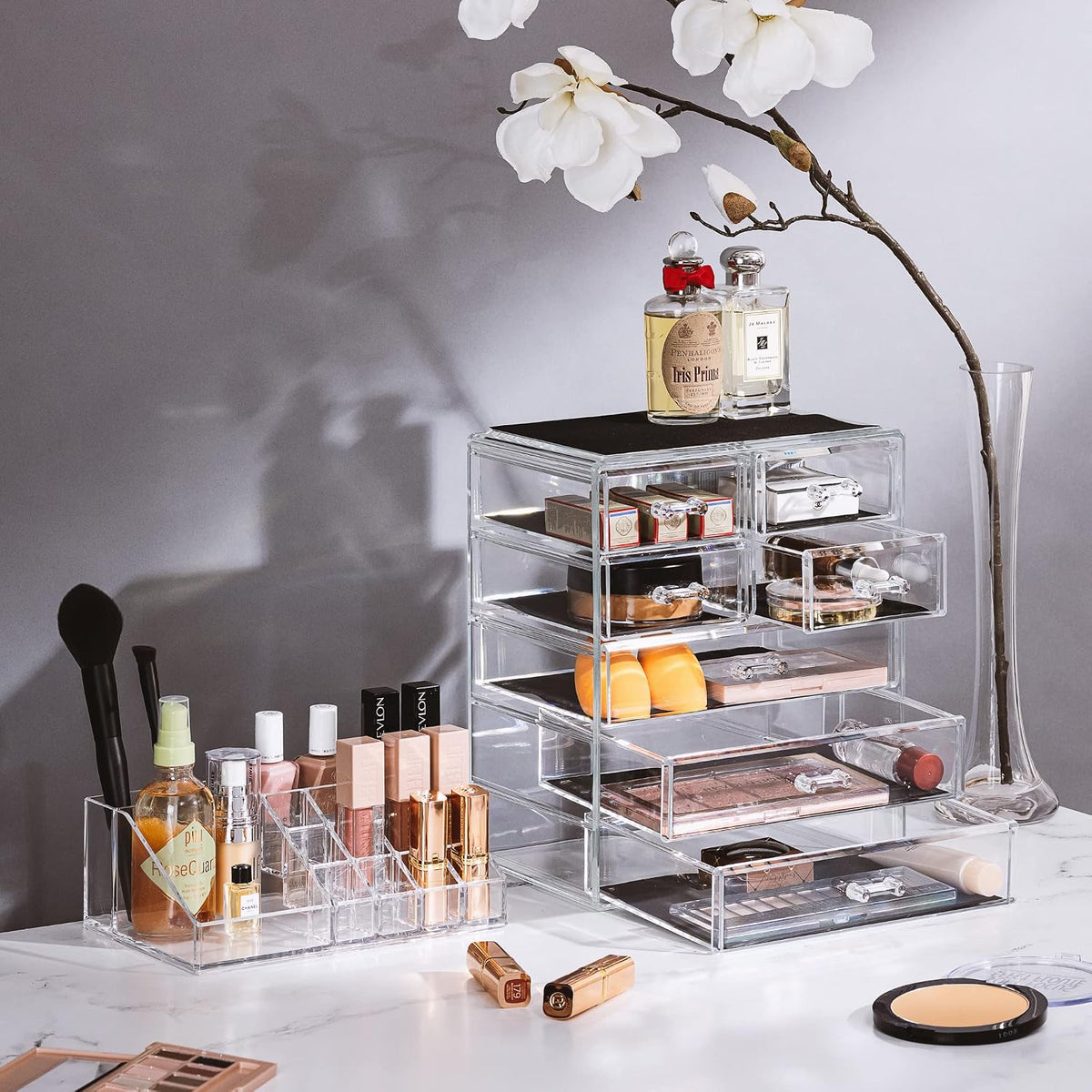 Sorbus Organizador de maquillaje, juego de 2 piezas acrílicas de 7 cajones