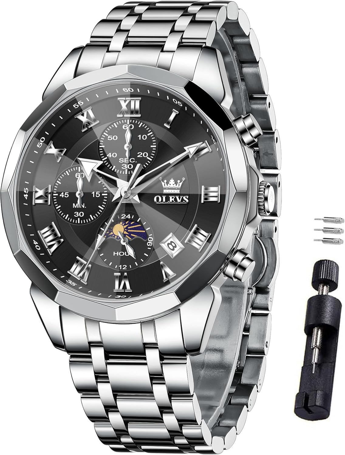 OLEVS Reloj para hombres, cuarzo, acero inoxidable, vestir, impermeable, luminoso