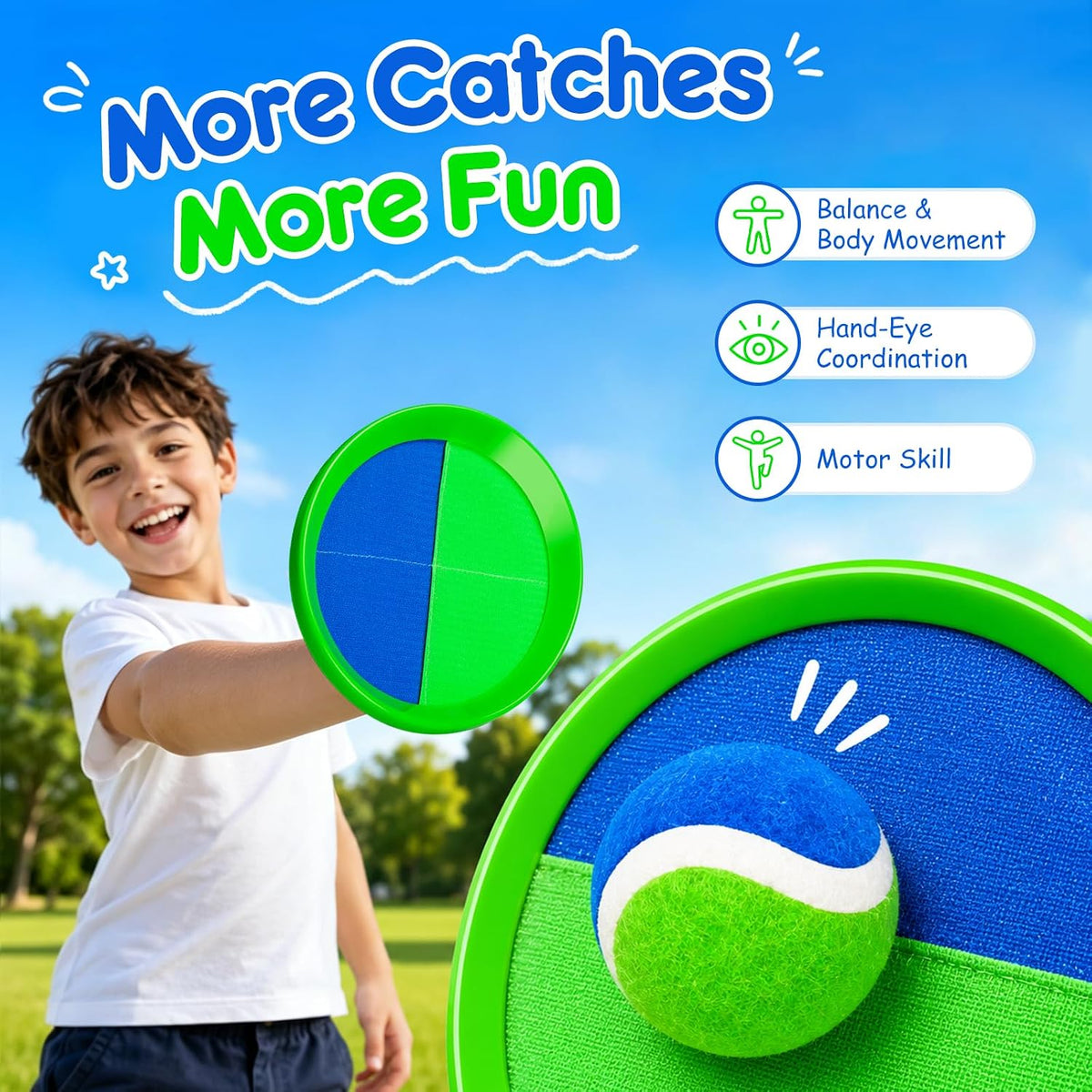 EVERICH TOY Juego de pelota para lanzar y atrapar, juego de bolas adhesivas mejoradas para niños y niños pequeños, resistente y resistente al agua, juguete para exteriores, patio trasero, playa, piscina, regalo de cumpleaños para niños y niñas de 3 a 12