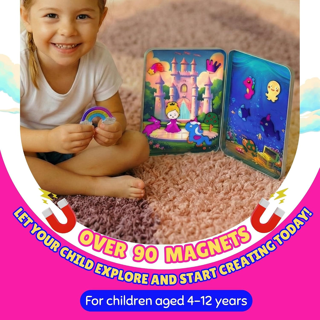 Kit de Arte en Foil Princess & Unicorn para Niñas - Caja Metálica Magnética con Imanes de Foil, Manualidad Reutilizable y Sin Desorden para Viajes, Kit DIY de Artes y Manualidades para Niñas de 4-8 y 8-12 años