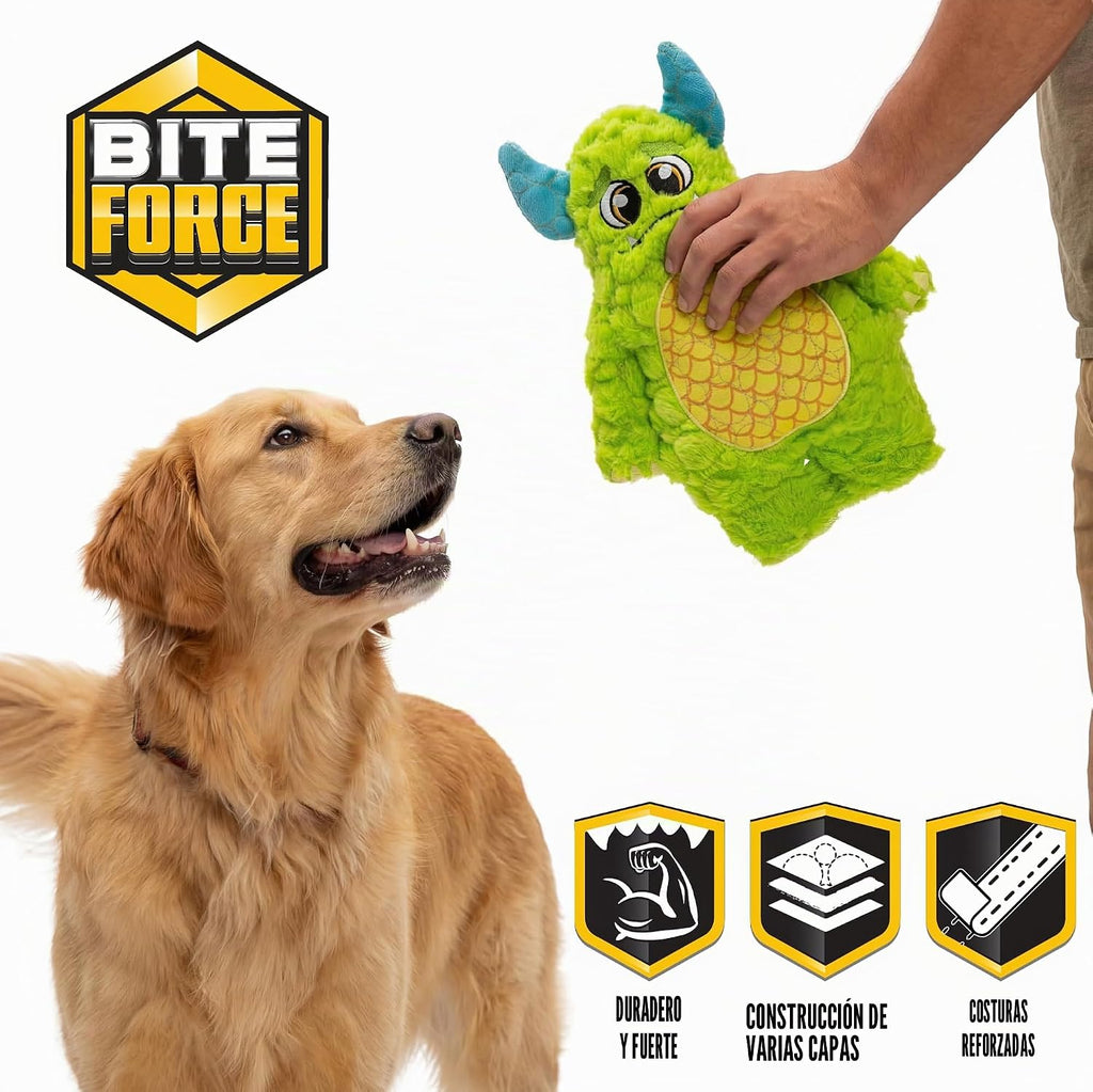Juguete para perros Bite Force - Juguete de felpa grande, duradero y fuerte en color verde monstruo, reforzado con Kevlar para masticadores agresivos
