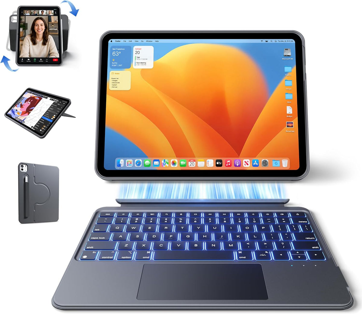 HOU Funda de teclado giratoria y desmontable de 360° para iPad A16 y iPad