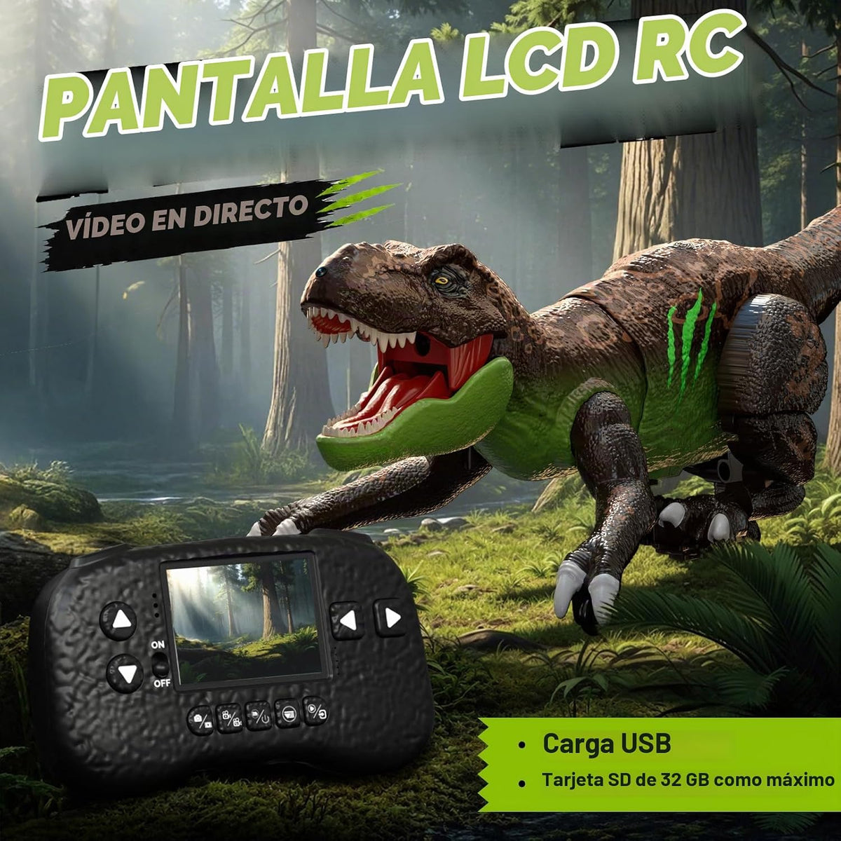 T-Rex Robot RC Dinosaur con cámara para niños, pantalla LCD RC video en vivo, simulación de movimiento de gateo, modo de demostración inteligente, función de rociado, efecto de luz y rugido, batería