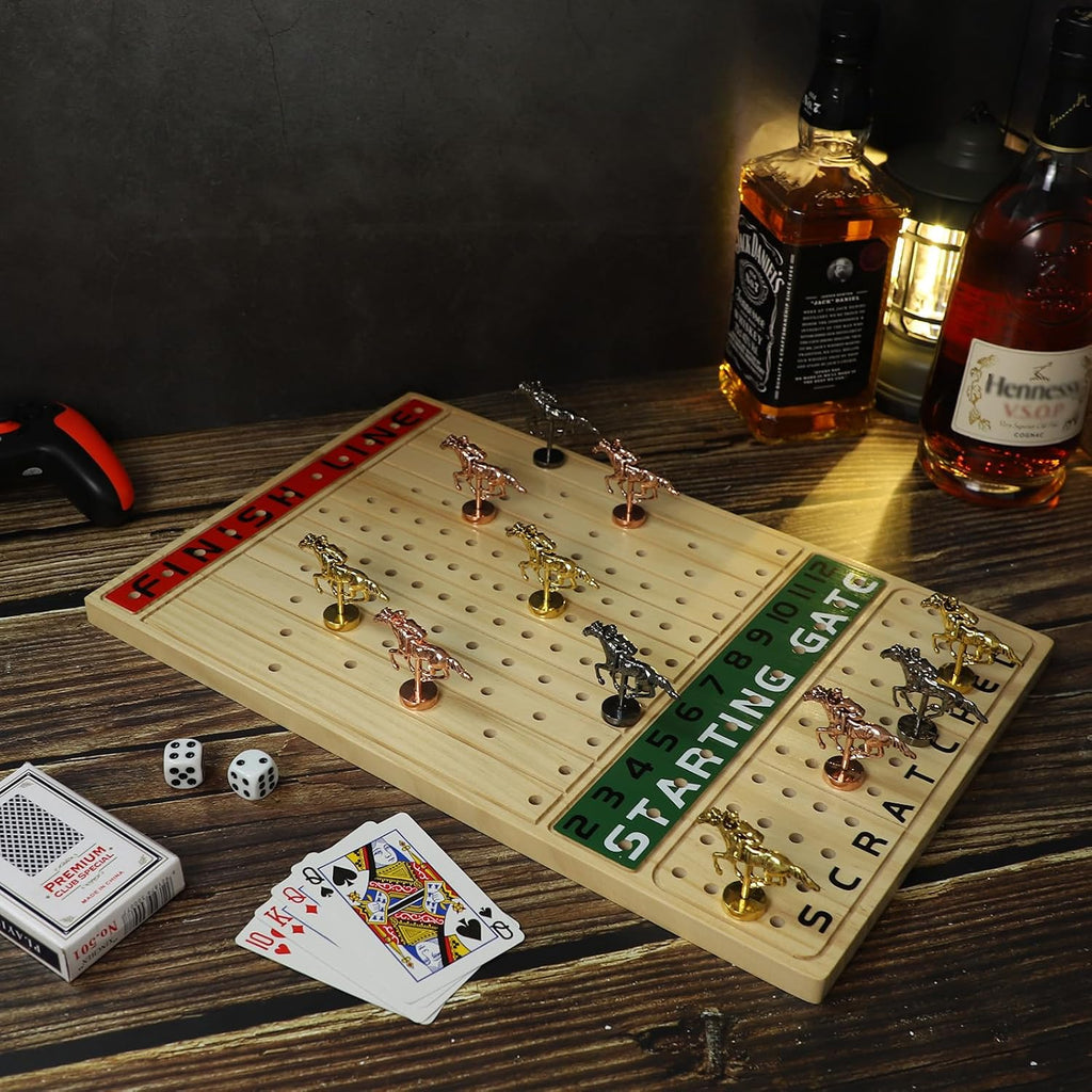 HOROW Juego de mesa de carreras de caballos de metal, juego de mesa Finish Line, edición de lujo, tablero de carreras de madera maciza, 11 lotes de caballos modelo de metal, 2 juegos de dados y 2 cajas de cartas..