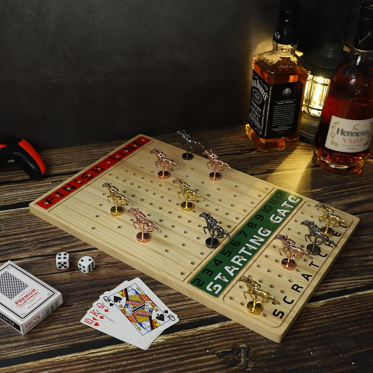 HOROW Juego de mesa de carreras de caballos de metal, juego de mesa Finish Line, edición de lujo, tablero de carreras de madera maciza, 11 lotes de caballos modelo de metal, 2 juegos de dados y 2 cajas de cartas..