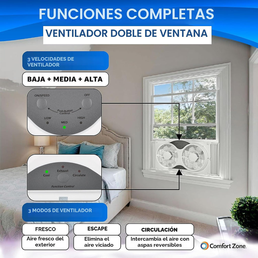 Comfort Zone Ventilador de ventana doble WiFi inteligente de 9 pulg...