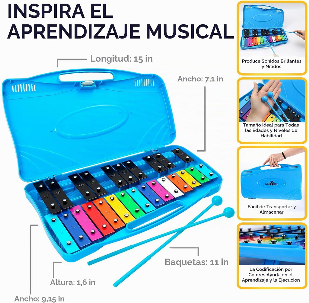 Glockenspiel - Xilófono para niños, colorido, 25 notas con cancionero de 30 canciones