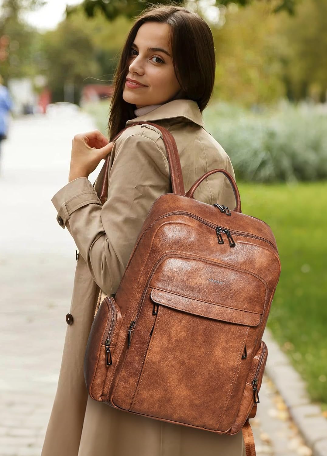 Shrrie Mochila de cuero para computadora portátil para mujer con 17...
