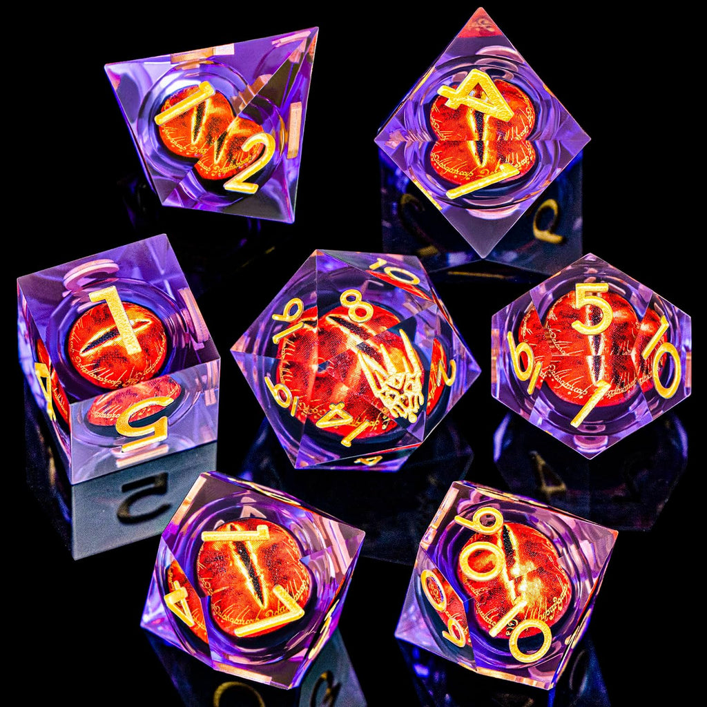 DND Gaze - Juego de 7 dados poliédricos de núcleo líquido para juego de rol de Dungeons Dragons RPG, dados D y D con bordes afilados de resina con caja de regalo D6 D8 D10 D12 D20 (morado