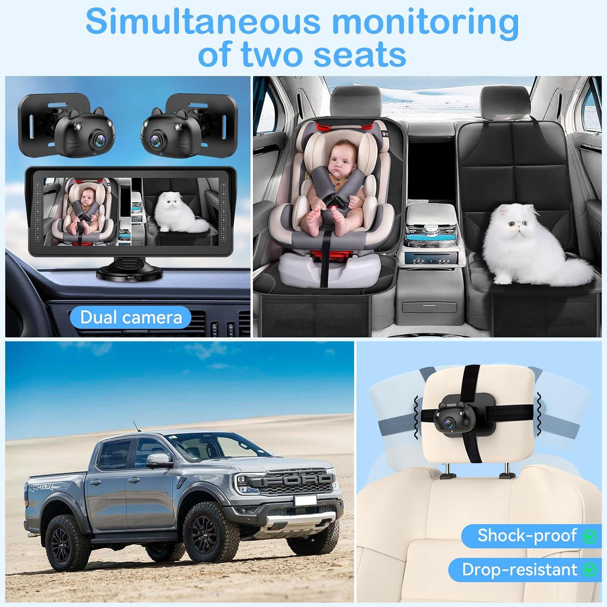 Cámara dual de coche para bebé para 2 niños pantalla