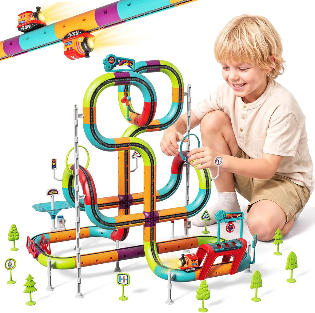 Juego de tren eléctrico para niños de 8 a 12 años, pista de cubo de