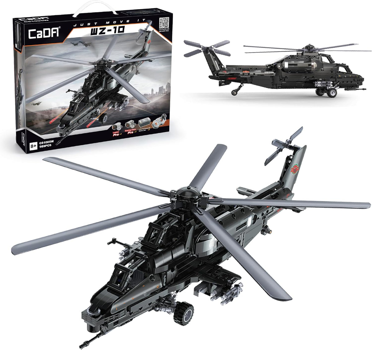 CADA Z-10 Kit de construcción de helicóptero motorizado – 989 piezas con batería recargable, motores duales, controlador de 2.4 GHz – Juego de helicóptero de ladrillo RC compatible con las principales