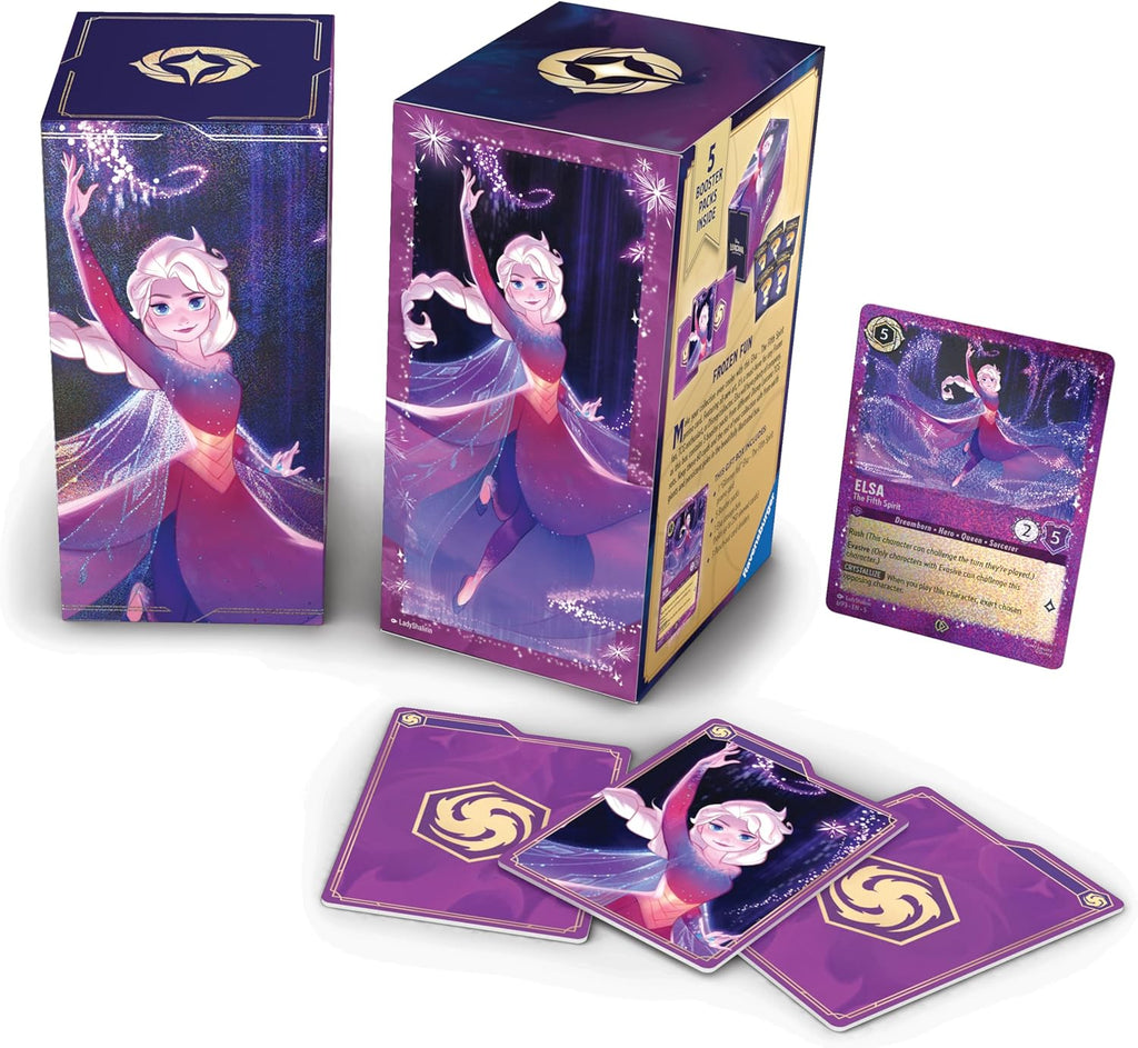 Ravensburger Disney Lorcana TCG: Caja de regalo Elsa – 5 paquetes de refuerzo, tarjeta promocional de The Fifth Spirit y caja de almacenamiento para 252 tarjetas | Juego de cartas coleccionables y coleccionables de Disney | A partir de 8 años