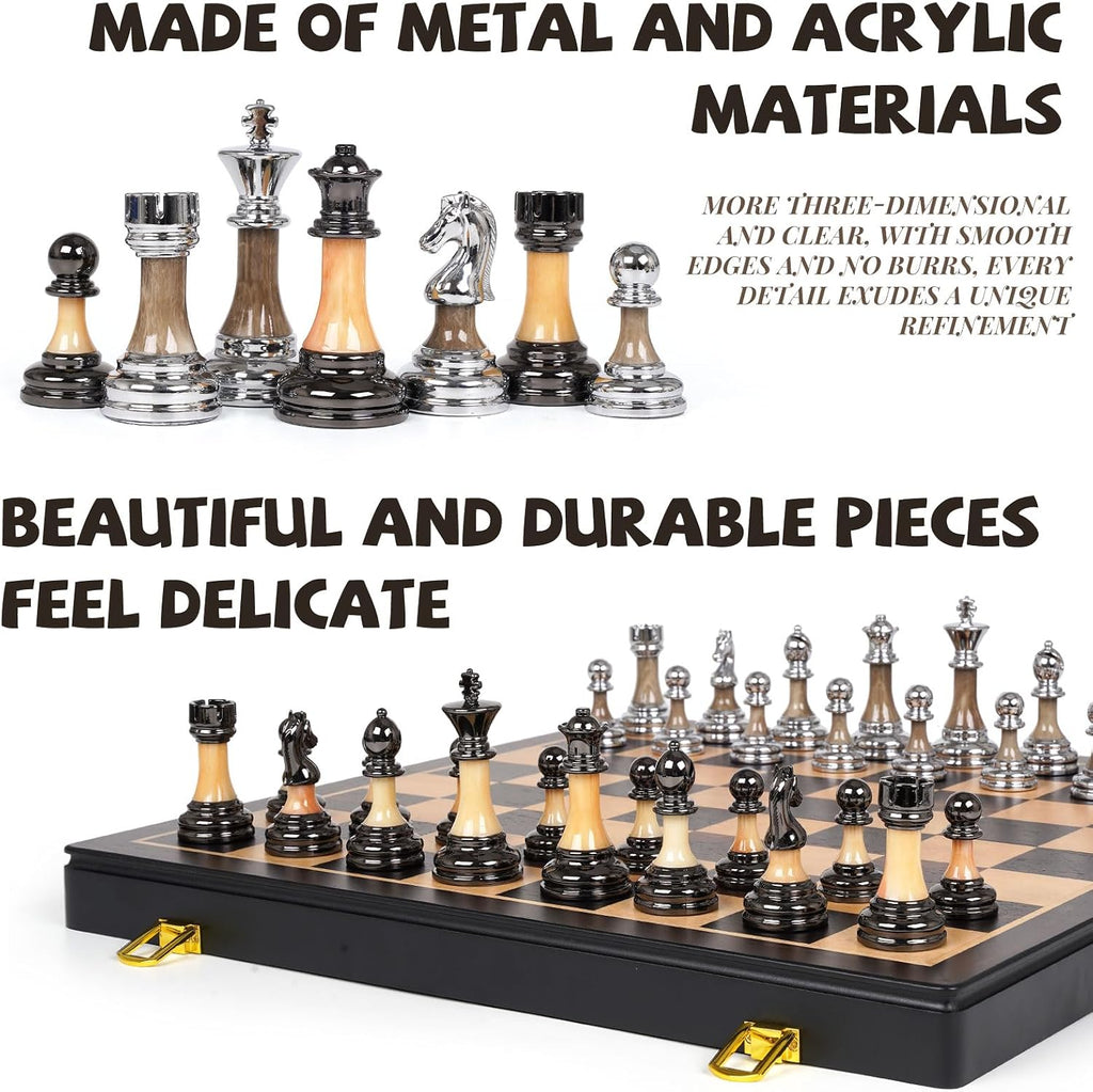 Juego de ajedrez de lujo grande de metal y acrílico con tablero de ajedrez de madera (17 pulgadas), piezas de metal ponderadas con tamaño King de 3.5 pulgadas, juego de ajedrez de torneo plegable para adultos y niños, juego de mesa familiar profesional