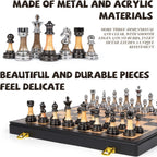 Juego de ajedrez de lujo grande de metal y acrílico con tablero de ajedrez de madera (17 pulgadas), piezas de metal ponderadas con tamaño King de 3.5 pulgadas, juego de ajedrez de torneo plegable para adultos y niños, juego de mesa familiar profesional