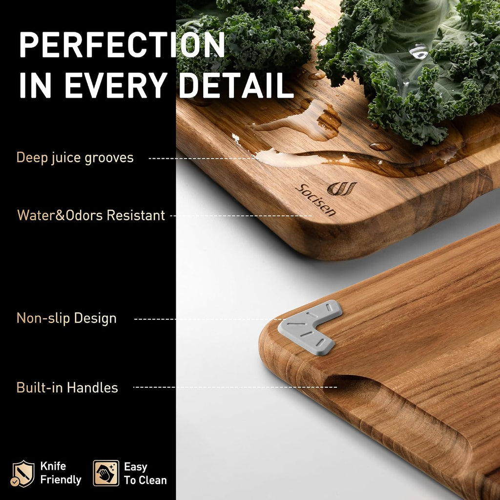 Juego de 3 tablas de cortar de teca para cocina, tablas de madera no tóxicas