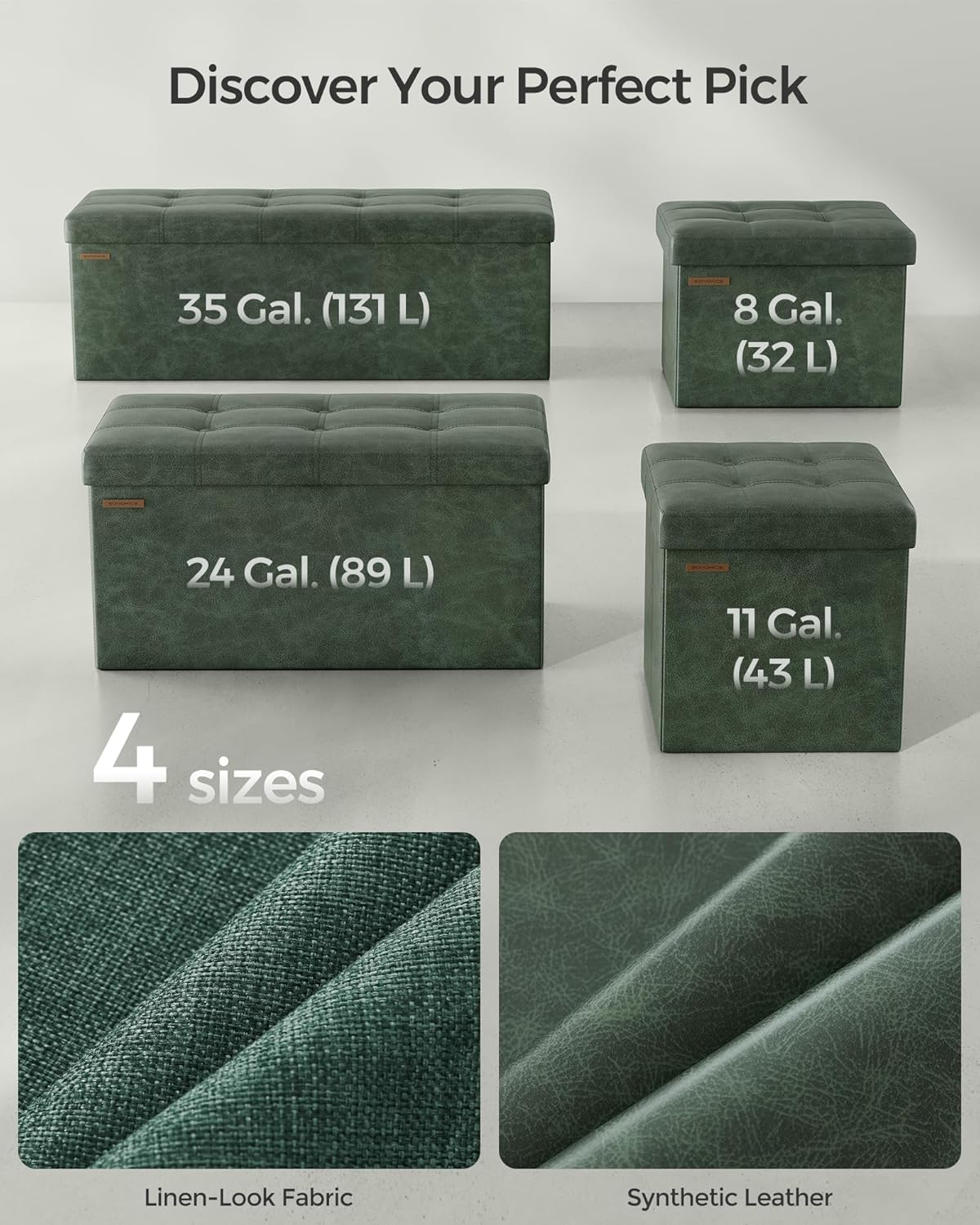 SONGMICS Colección Mazie - Banco otomano plegable de almacenamiento de 43 pulgadas, otomano con almacenamiento, taburete reposapiés, carga 660 lb, para sala de estar, piel sintética, verde bosque
