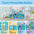 PicassoTiles Azulejos Magnéticos Bloques de construcción magnéticos para acuario, juego temático de animales marinos con 8 figuras de acción de personajes, tiburón, cangrejo, tortuga, juguetes STEM