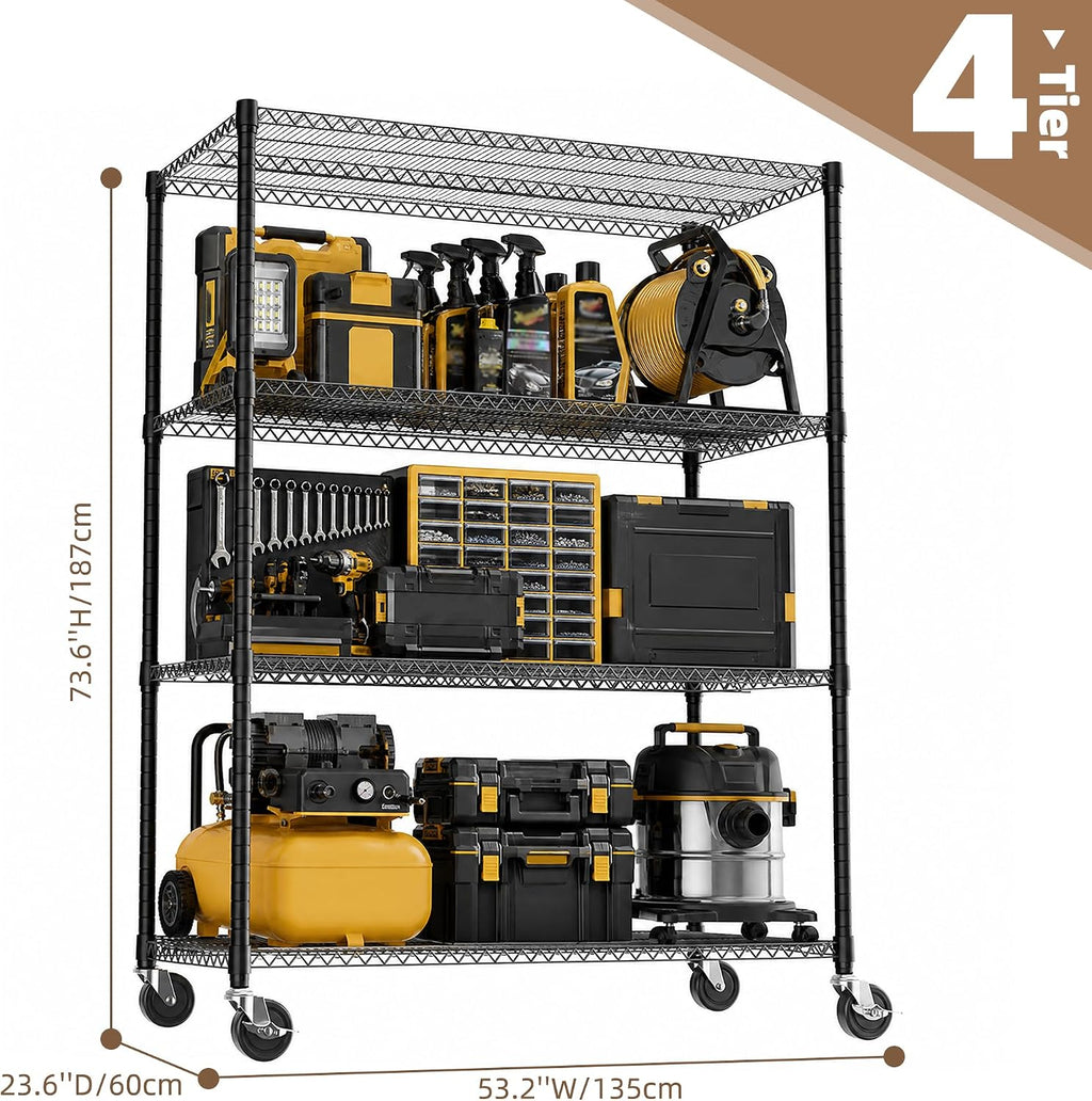 M MZG Estantería de garaje resistente con 4 estantes, estante de almacenamiento ajustable para cocina, lavandería, baño, despensa, capacidad de 2640 libras, color negro, 23.6 x 53.2 x 73.6 pulgadas