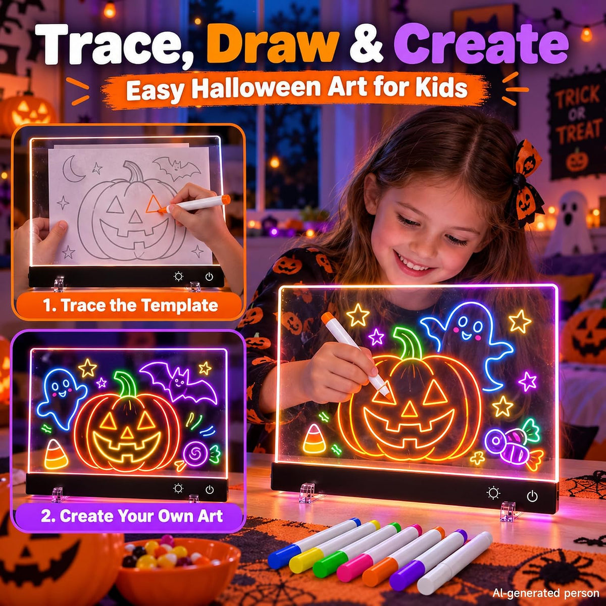Tablero de dibujo LED recargable de 16 pulgadas | Artes y manualidades de Halloween para niños de 4 a 6 años
