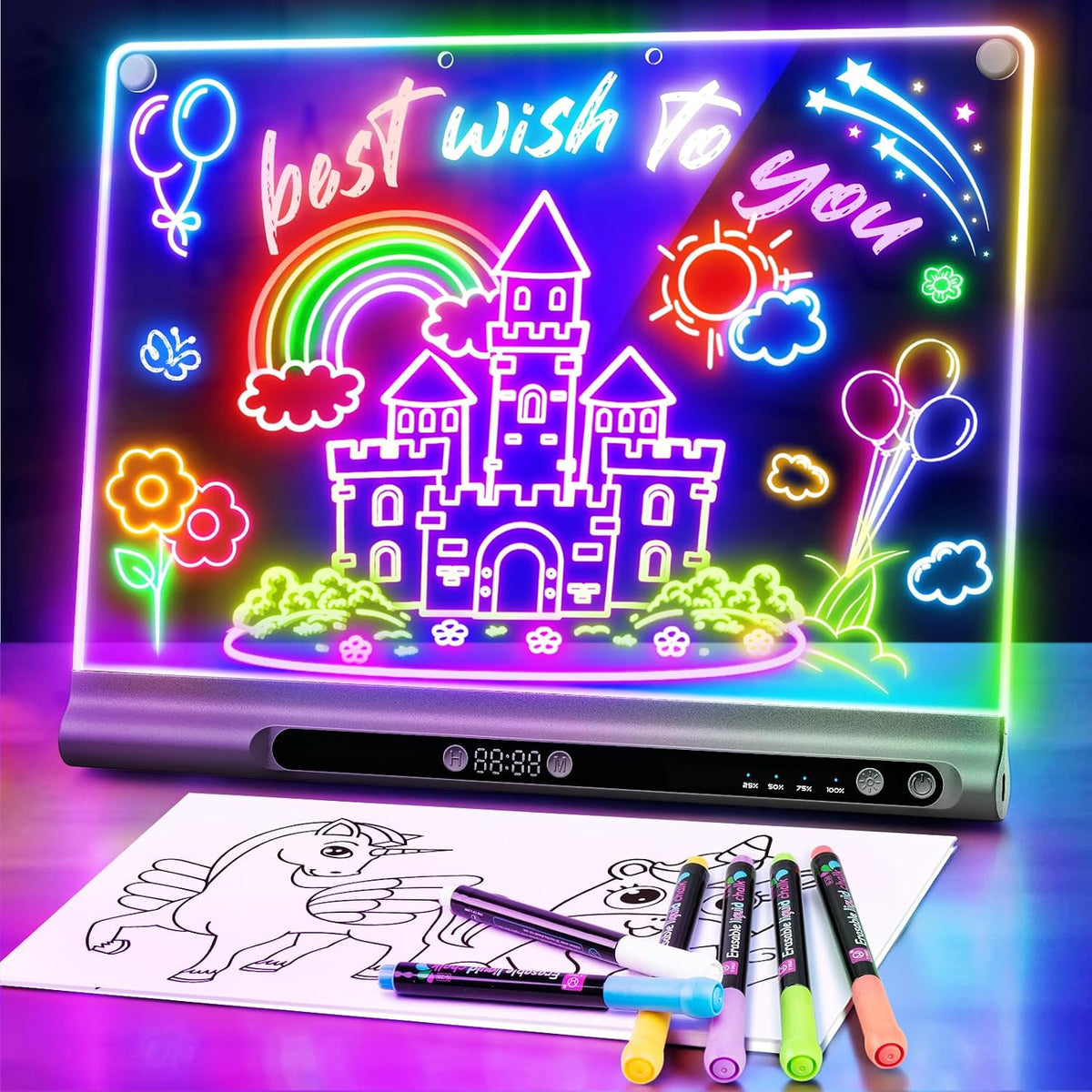 Tablero de dibujo LED recargable de 16 pulgadas, 9 modos de luz de color con temporizador y soporte integrado, bloc de notas de borrado en seco de neón para niños, niñas, adolescentes, 6 marcadores y