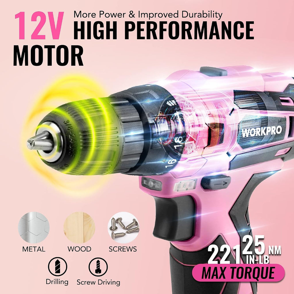 WORKPRO Juego de taladro rosa inalámbrico de 12 V para mujeres