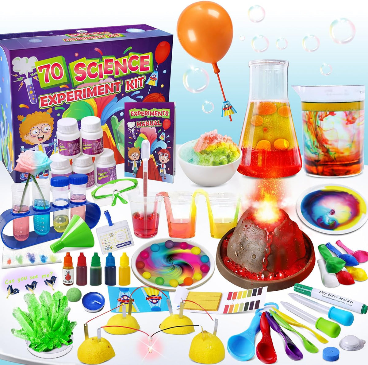 UNGLINGA 70 experimentos de laboratorio kits de ciencia para niños, juguetes educativos científicos, regalos de cumpleaños, idea para niñas y niños, juego de química, volcán en erupción, circuitos de