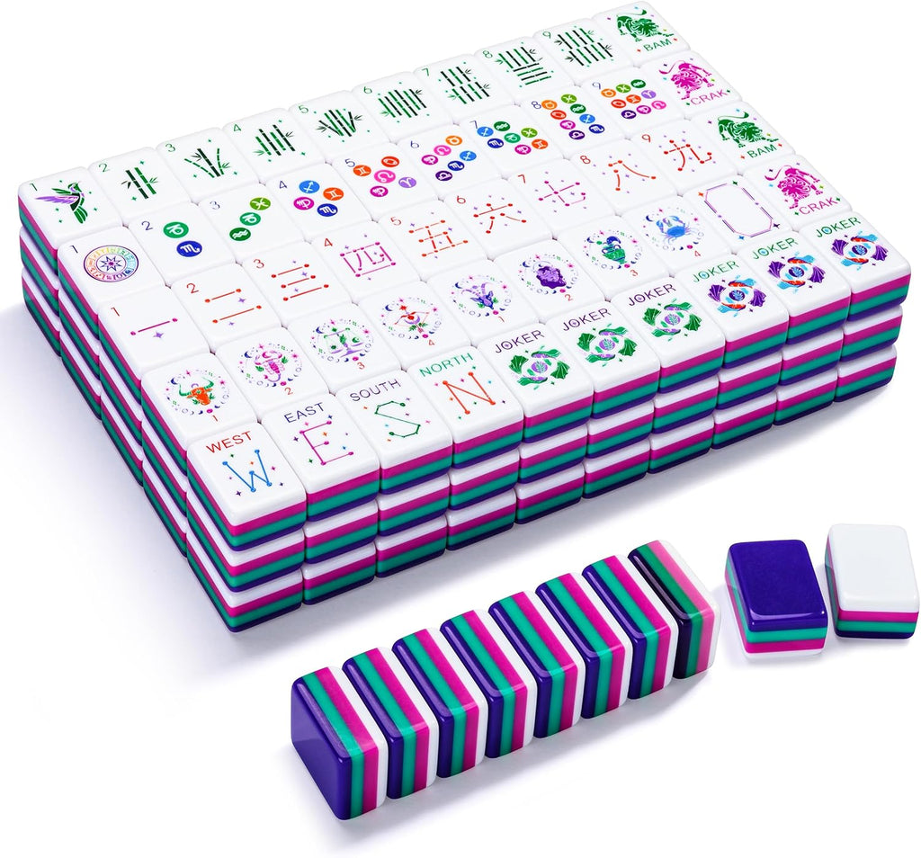 Juego de 160 azulejos de Mahjong americanos solamente, azulejos del zodiaco de 4 capas, diseño patentado de I+D hecho a medida para viajes de juego en casa (sin estuche ni chips)