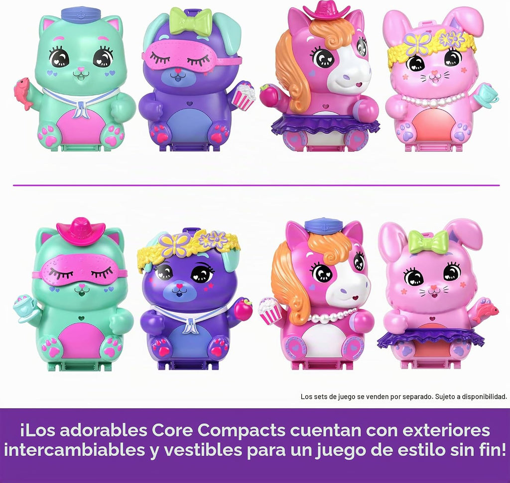 Polly Pocket Muñecas y juego de muñecas, Set Sail Kitty Compact, juguete de viaje con 1 micro muñeca, gatos de mascotas, comida y accesorios de estilo de moda