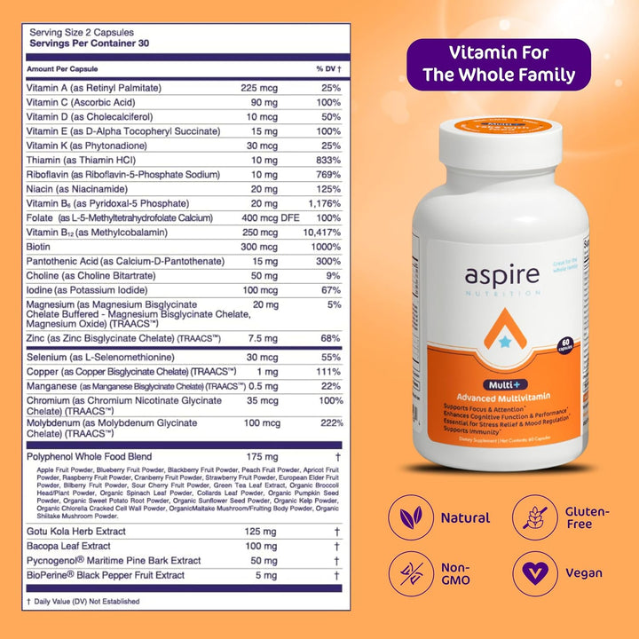 Multivitamínico avanzado Aspire Multi+ para hombres, mujeres y niño...