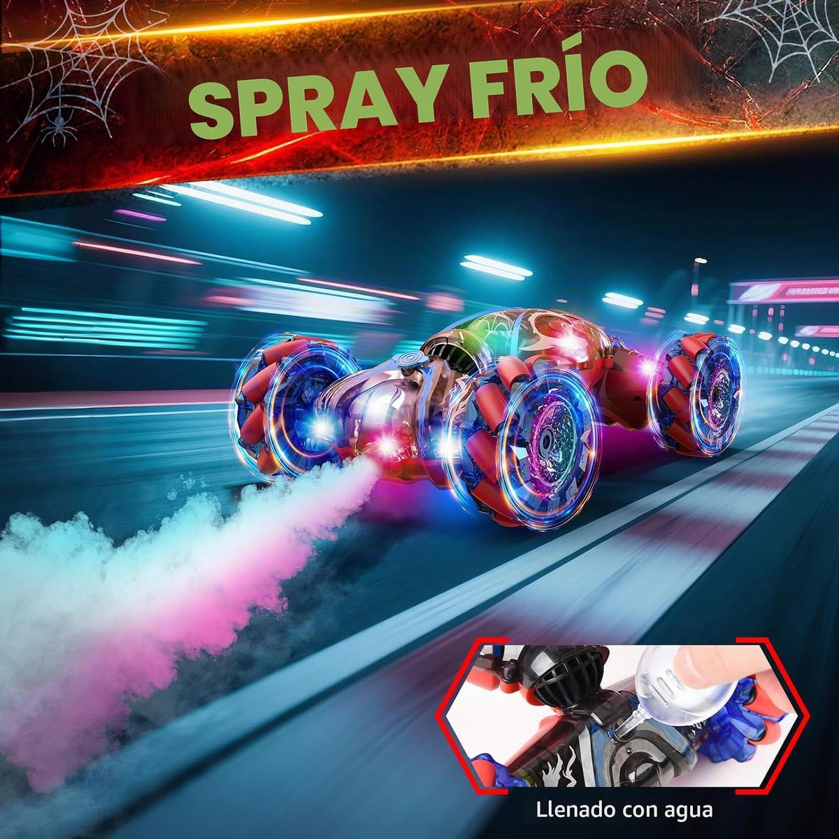 S-Pider - Auto de control remoto, 2.4 GHz 4WD con detección de gestos Rc Stunt Car para niños y niñas de 6 a 12 años, autos RC Drift con luces y aerosol, juguetes de doble cara, regalo ideal de cumpleaños y Navidad para niños