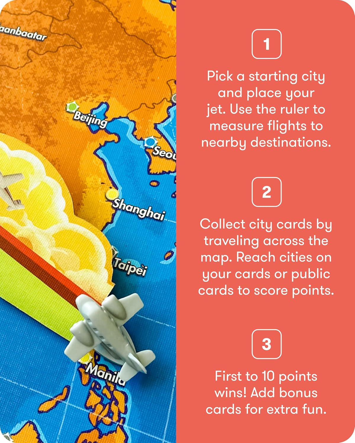 SimplyFun Let's Jet World Geography - Juego de mesa educativo para niños a partir de 8 años, juego de viaje mundial con mapa, tarjetas y peones de jet