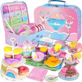 Juego de té para niñas pequeñas, 50 piezas de juguete de princesa para fiestas de té, incluye postre, galletas, dona, bandeja de tetera, pastel, mantel y funda de transporte, juego de