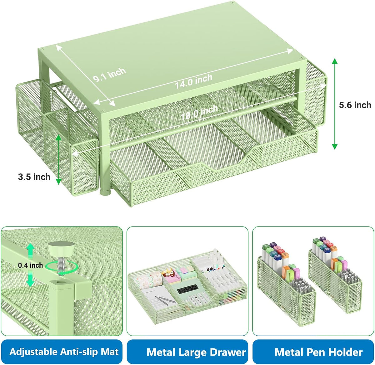 Organizadores y accesorios de escritorio, soporte para monitor de computadora con cajón y 2 soportes para bolígrafos, soporte para impresora y portátil, accesorios de escritorio de oficina y organizadores de espacio de trabajo para suministros de oficina