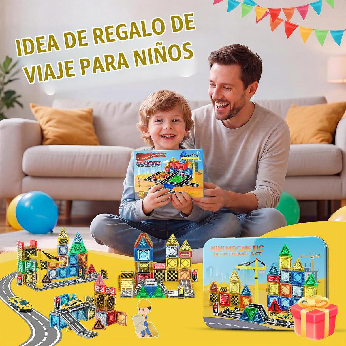 Azulejos magnéticos: juguetes de construcción, juego de viaje al aire libre con grúa magnética y automóvil para niños de 3 a 5 años, 4 a 8 a 10 años, minibloques de construcción magnéticos con grúa