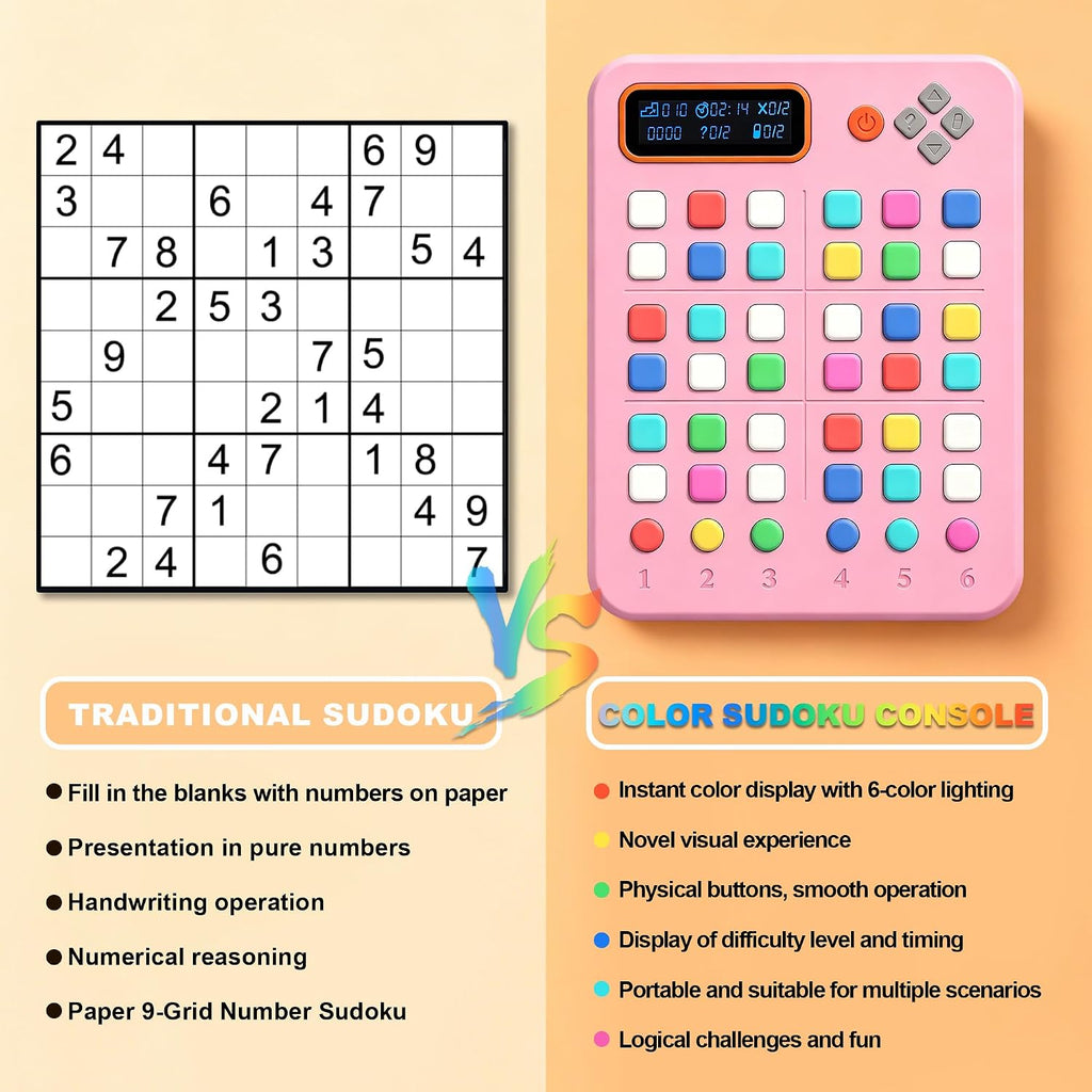 Consola Sudoku color para niños 8+, 500 rompecabezas, 4 modos