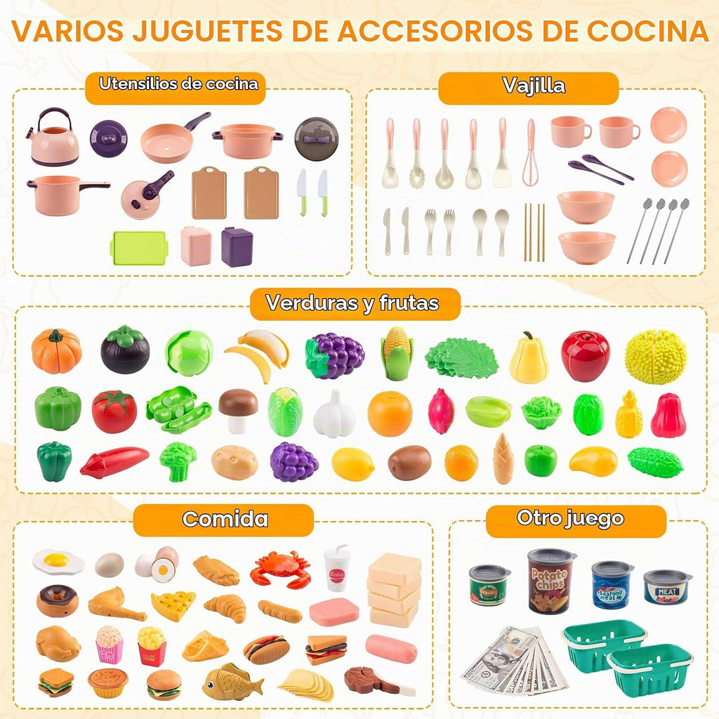 240 piezas de accesorios de cocina para niños, sartenes de juego, ollas, utensilios de cocina con postres, verduras cortables y juego de barbacoa y cesta de almacenamiento, dinero de utilería, regalo de aprendizaje para niños, niños pequeños, niños, rosa