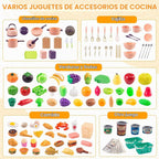 240 piezas de accesorios de cocina para niños, sartenes de juego, ollas, utensilios de cocina con postres, verduras cortables y juego de barbacoa y cesta de almacenamiento, dinero de utilería, regalo de aprendizaje para niños, niños pequeños, niños, rosa