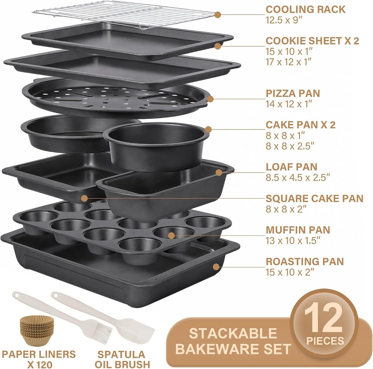 Juego de utensilios para hornear, juego de moldes para hornear, sartén antiadherente para horno para cocina con agarres más anchos, 10 piezas incluyendo rejilla, bandeja para galletas, moldes