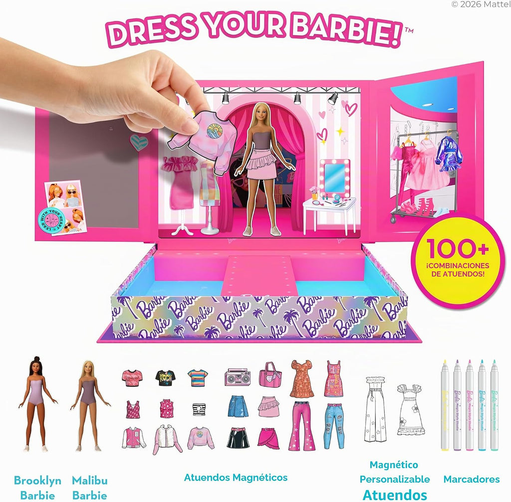 Barbie Magic Style Studio- Kit de moda de muñecas de vestir magnéticas AR