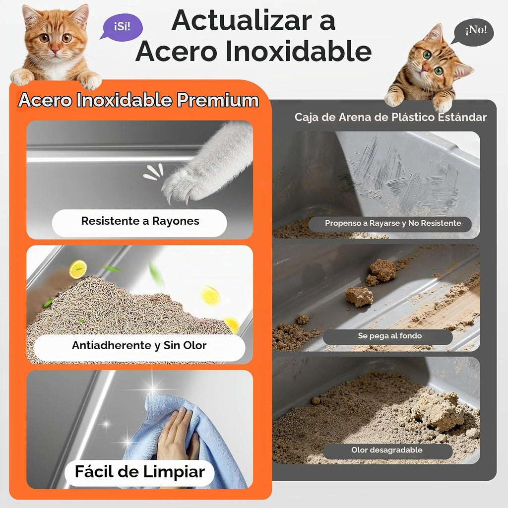 Caja de arena para gatos de acero inoxidable, caja de arena de metal fácil